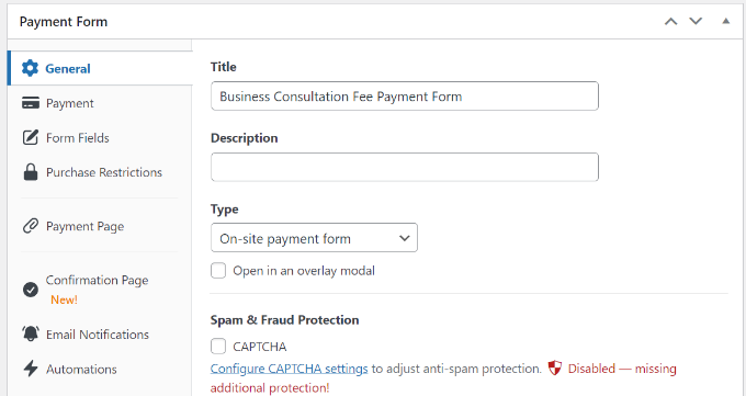 Edit general payment form settings Edit general payment form settings