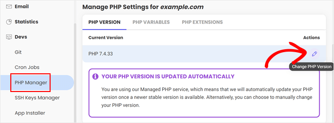 Opening SiteGround's PHP Manager and clicking the pencil button there Opening SiteGround's PHP Manager and clicking the pencil button there