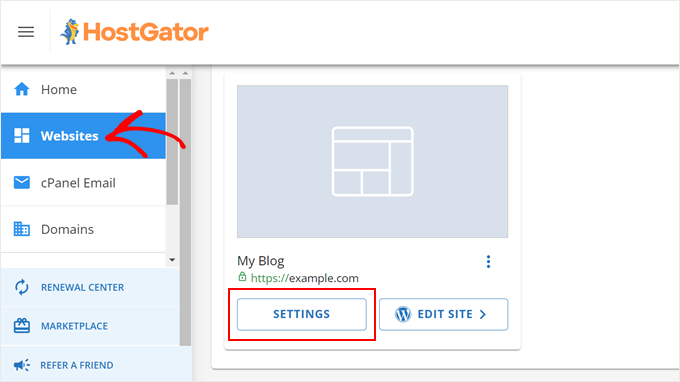 Opening the Websites tab in HostGator and clicking the Settings button Opening the Websites tab in HostGator and clicking the Settings button