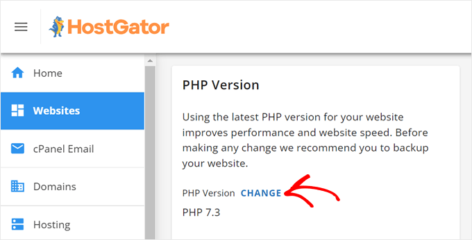 Clicking the Change button in the PHP Version section inside HostGator Clicking the Change button in the PHP Version section inside HostGator