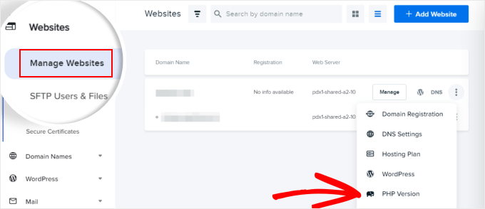Opening the Manage Websites section and clicking PHP Version in DreamHost Opening the Manage Websites section and clicking PHP Version in DreamHost