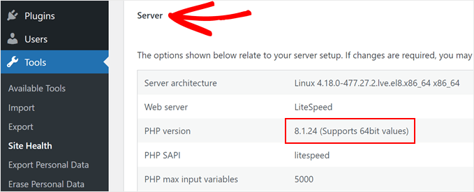 Checking your server's PHP version in the WordPress Site Health page Checking your server's PHP version in the WordPress Site Health page