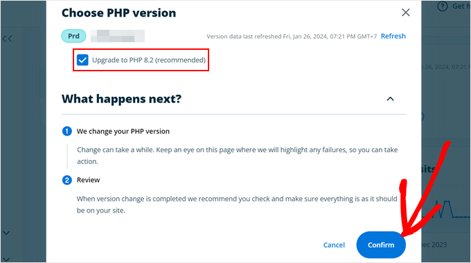 Confirming to update the PHP version in WP Engine Confirming to update the PHP version in WP Engine