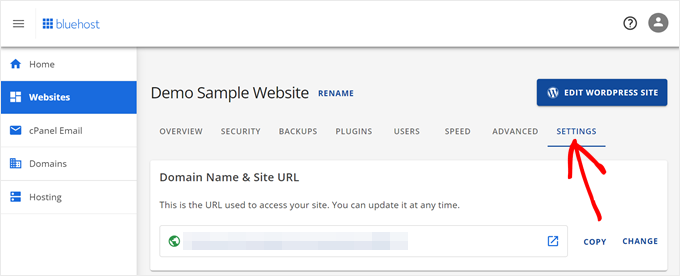 Opening the Settings tab inside the Websites menu in Bluehost Opening the Settings tab inside the Websites menu in Bluehost