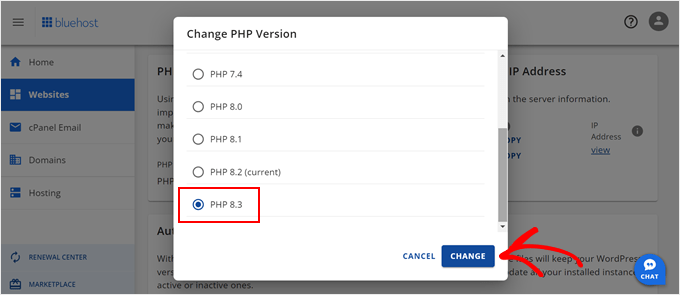 Selecting a PHP version to update to in Bluehost Selecting a PHP version to update to in Bluehost