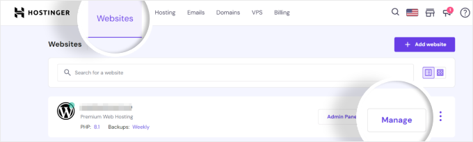 Switching to the Websites tab in Hostinger and clicking the Manage button Switching to the Websites tab in Hostinger and clicking the Manage button