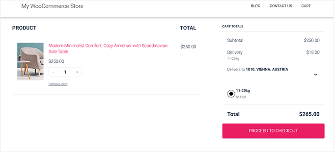 Preview of shipping price based on weight
