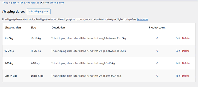 Preview of shipping classes based on weight