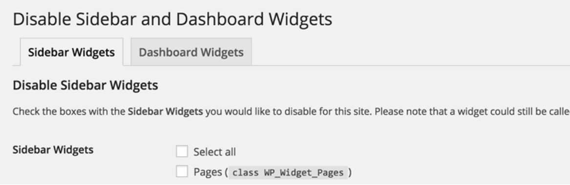 WP Widget Disable plugin