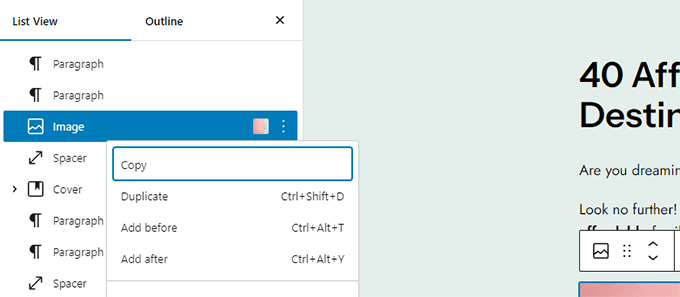 Right click to see block settings in list view Right click to see block settings in list view
