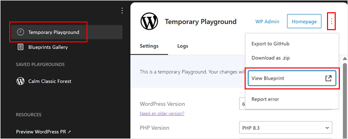 Viewing a WordPress Playground instance as a blueprint