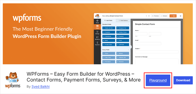 Opening the WPForms plugin in WordPress Playground