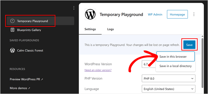 Saving a Playground instance in the browser