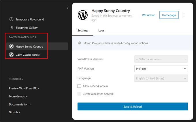 Viewing saved WordPress Playground instances