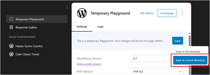 Saving a WordPress Playground instance in the local directory