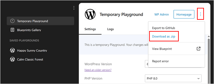 Downloading a WordPress Playground instance into a zip file
