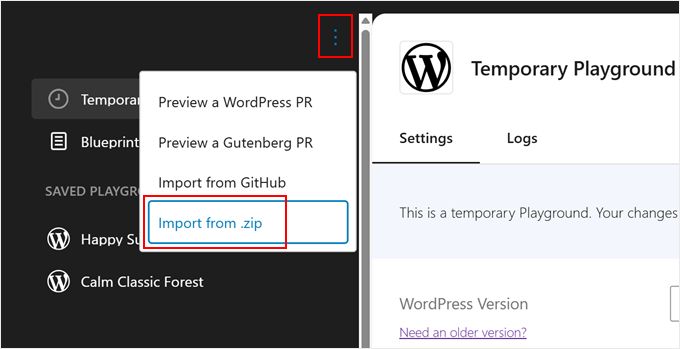 Importing a WordPress Playground instance