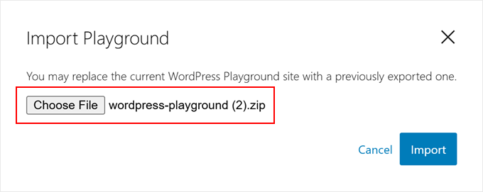 Uploading a WordPress Playground zip file