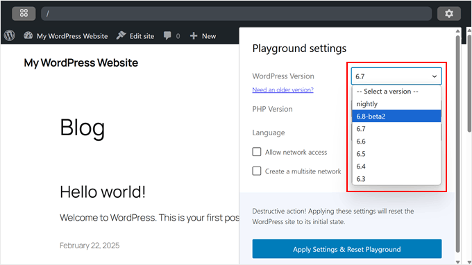 Choosing a WordPress version in Playground