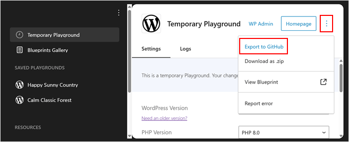 Exporting a WordPress Playground instance to GitHub