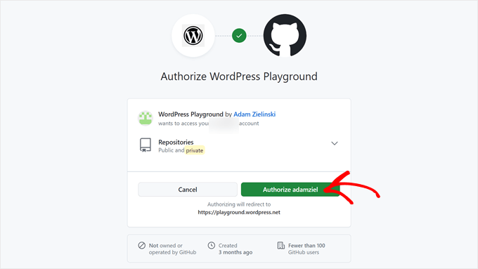 Authorizing WordPress Playground in GitHub
