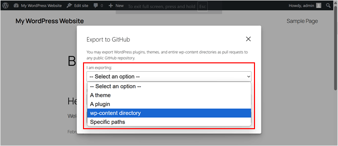 Choosing the type of file to export to GitHub in WordPress Playground