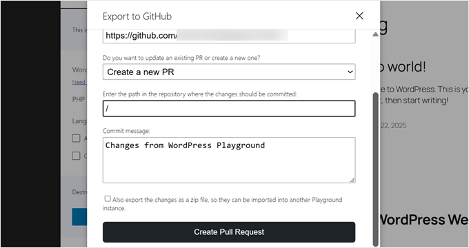 Creating a GitHub pull request in WordPress Playground