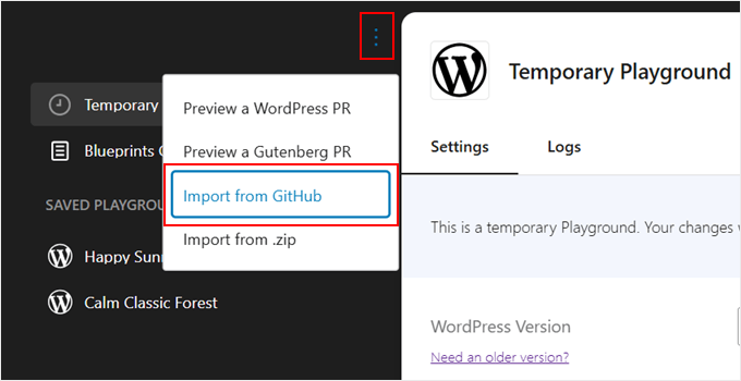 Importing a GitHub pull request in WordPress Playground