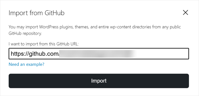 Entering the GitHub repository or path to import into WordPress Playground