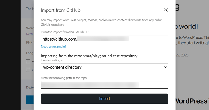 Specifying what files to import from GitHub in WordPress Playground