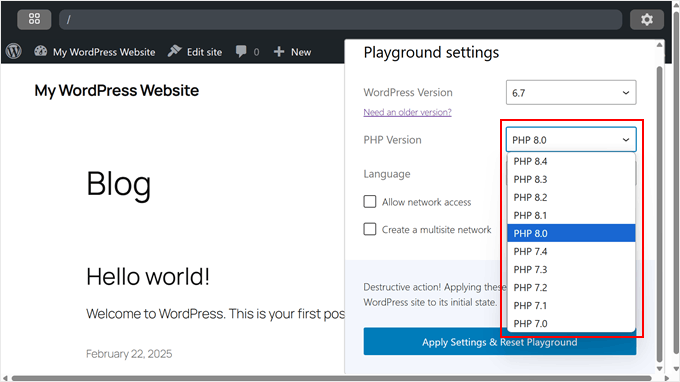Choosing a PHP version in WordPress Playground