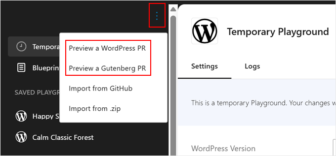 Previewing a WordPress or Gutenberg Pull Request in Playground