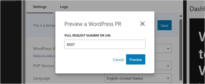 Entering the WordPress GitHub pull request URL or number in WordPress Playground