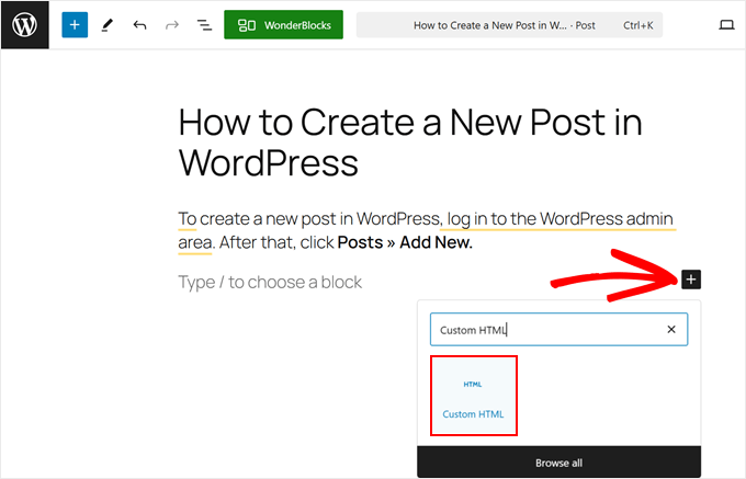 Adding the Custom HTML block in the block editor