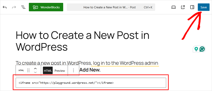 Pasting the iFrame embed code for WordPress Playground in block editor