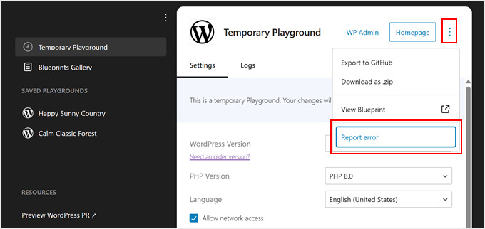 Reporting an error in WordPress Playground