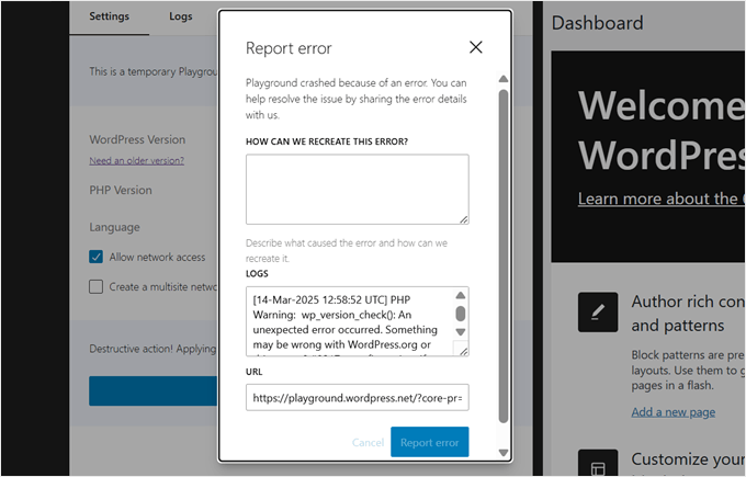 Describing the error in WordPress Playground
