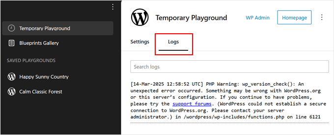 Viewing WordPress Playground error logs