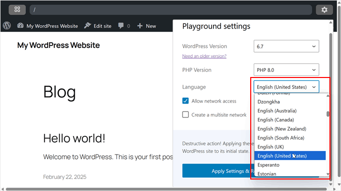 Choosing an admin language in WordPress Playground