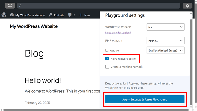 Enabling network access in WordPress Playground