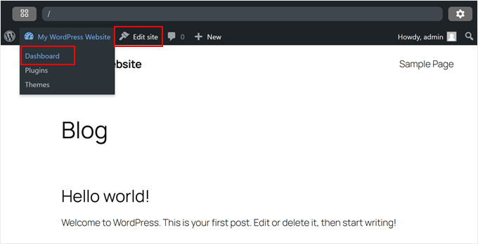 Opening the admin or full-site editor in WordPress Playground