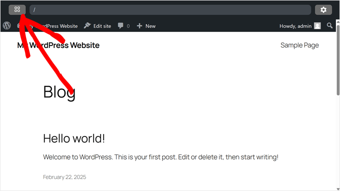 Clicking on the four little squares button in WordPress Playground