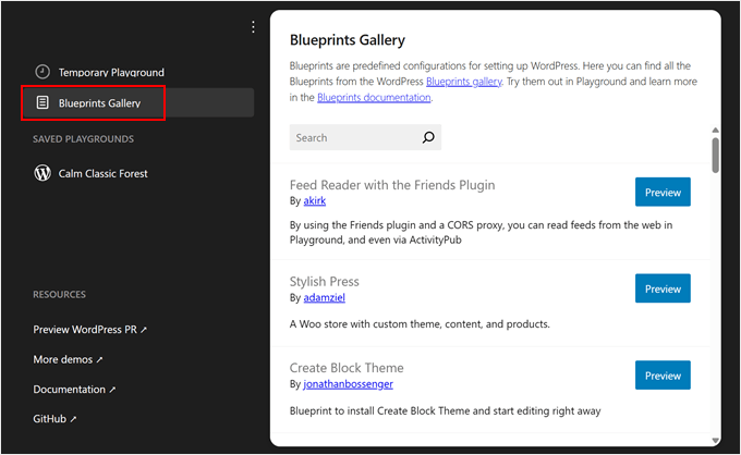 WordPress Playground Blueprints gallery