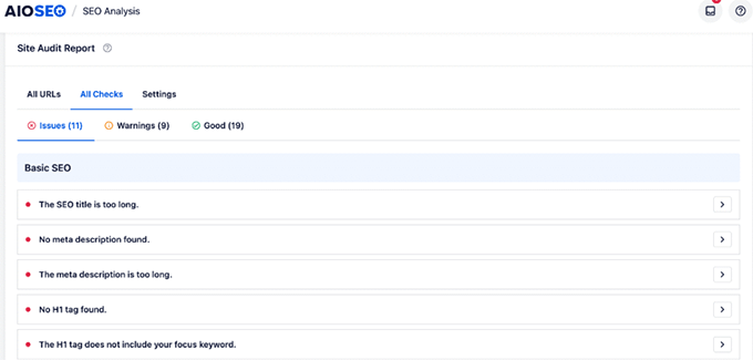 AISEO - View issues by all checks AISEO - View issues by all checks