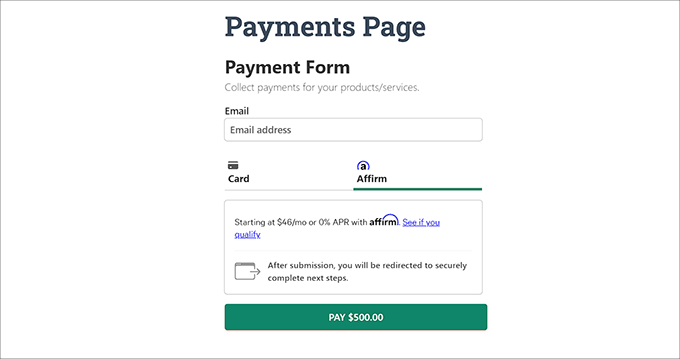Affirm payment page preview Affirm payment page preview