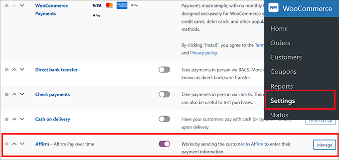 Click the Manage button next to the Affirm option Click the Manage button next to the Affirm option