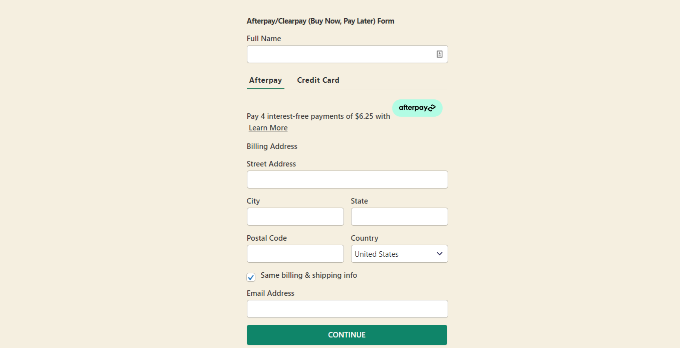 Afterpay payment form preview Afterpay payment form preview