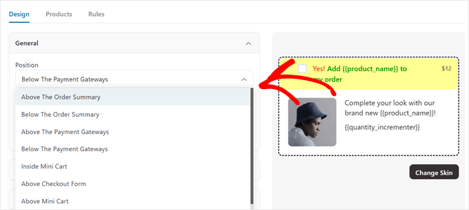 Choosing a position for the FunnelKit order bump