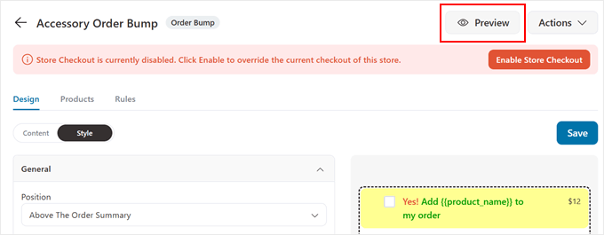 Clicking on the Preview button to see the FunnelKit order bump