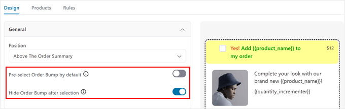 The General settings tab in FunnelKit for creating an order bump